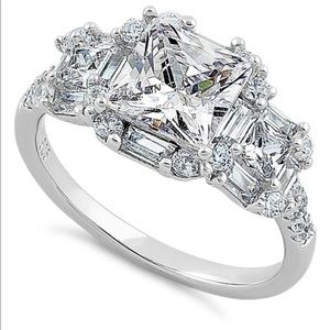 Sterling Silver Classic Princess, Emerald & Round Cut Clear CZ Ring